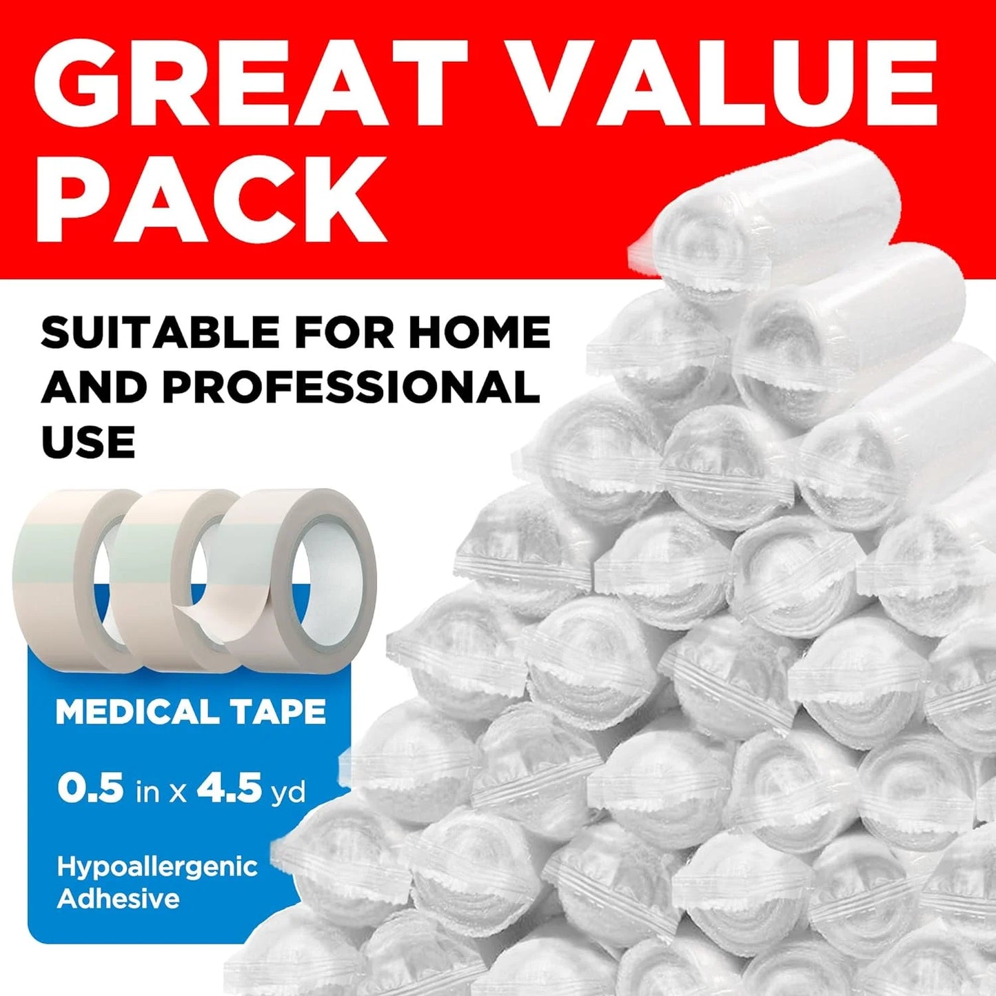 Premium Gauze Rolls - 36 Pack - 3" X 4.1Yd First Aid Rolled Gauze - Individually Wrapped with 2 Bonus Tapes - Breathable Conforming Stretch Wrap for Wounds