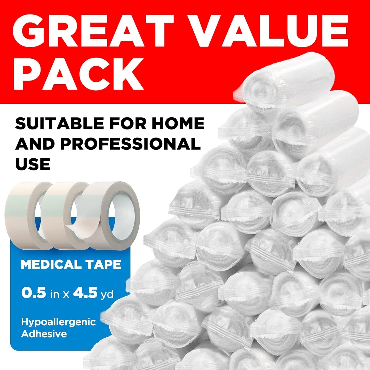 Premium Gauze Rolls - 36 Pack - 3" X 4.1Yd First Aid Rolled Gauze - Individually Wrapped with 2 Bonus Tapes - Breathable Conforming Stretch Wrap for Wounds