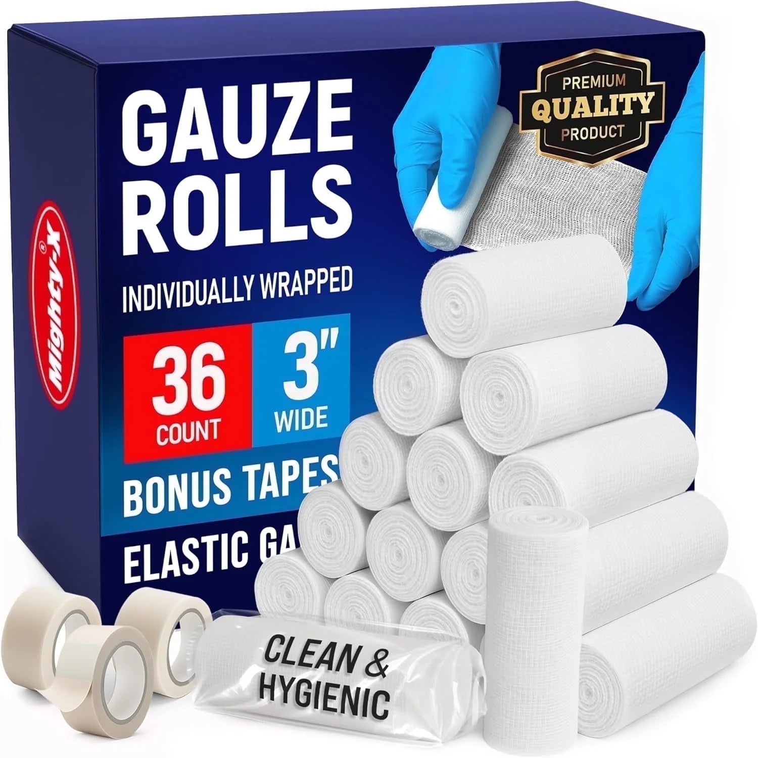 Premium Gauze Rolls - 36 Pack - 3" X 4.1Yd First Aid Rolled Gauze - Individually Wrapped with 2 Bonus Tapes - Breathable Conforming Stretch Wrap for Wounds