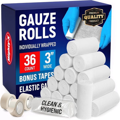 Premium Gauze Rolls - 36 Pack - 3" X 4.1Yd First Aid Rolled Gauze - Individually Wrapped with 2 Bonus Tapes - Breathable Conforming Stretch Wrap for Wounds